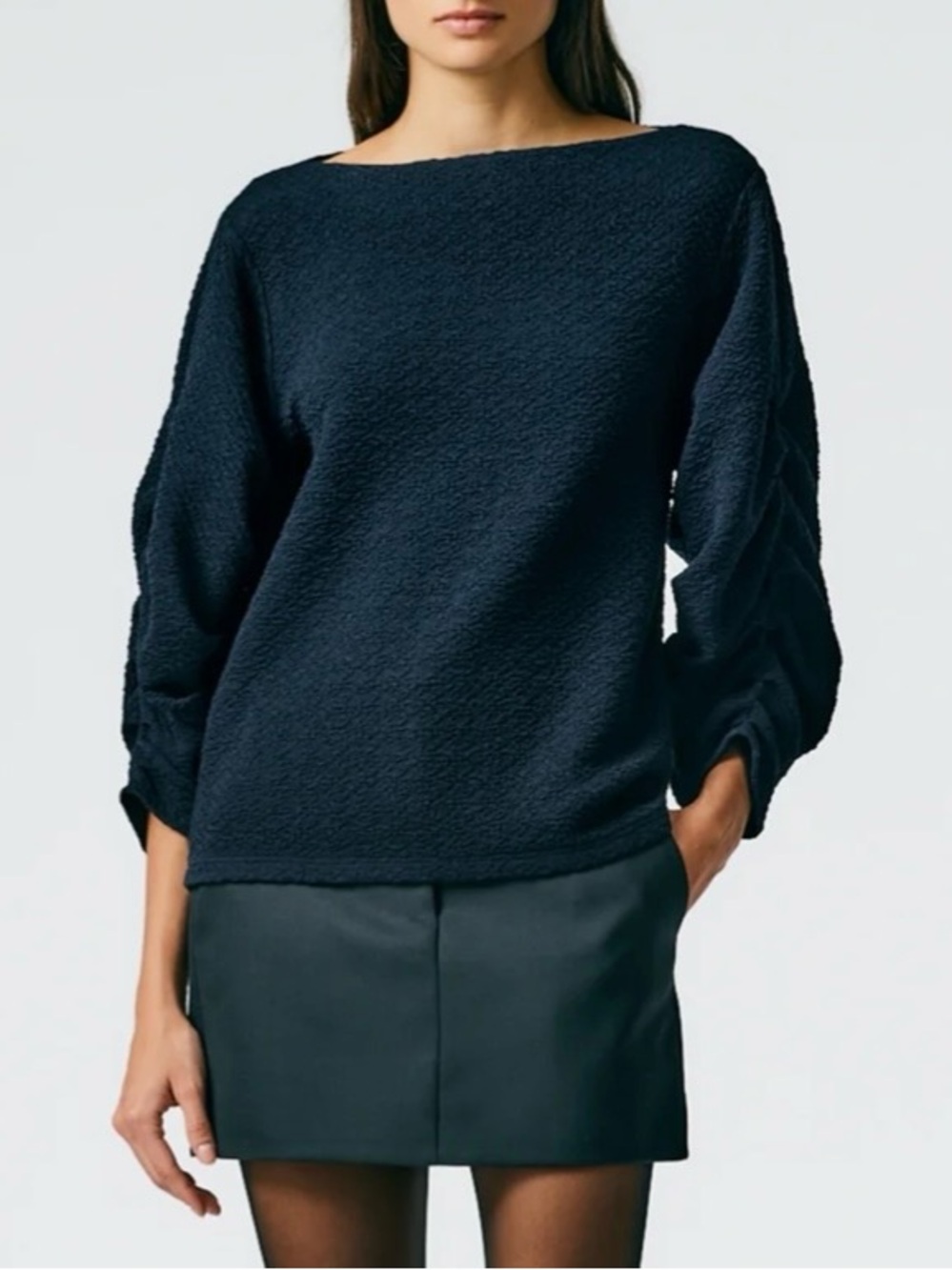 Tibi Moue Boatneck Rouched Pleat Sleeve Top